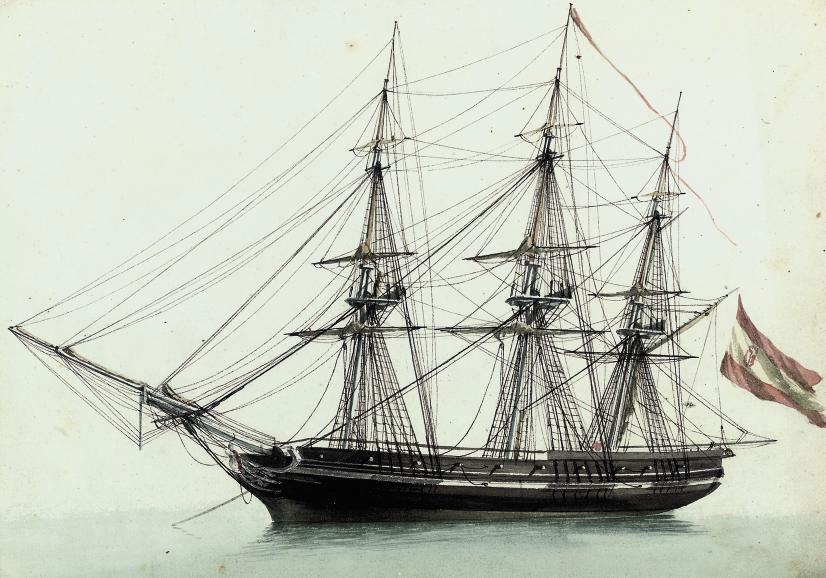 Ange-Joseph-Antoine Roux - A Spanish frigate lying at anchor (recto) (illustrated) and study of Spanish shipping (verso)