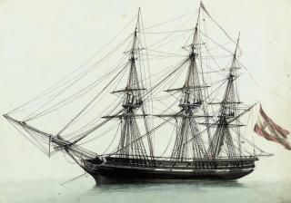 Ange-Joseph-Antoine Roux - A Spanish frigate lying at anchor (recto) (illustrated) and study of Spanish shipping (verso)