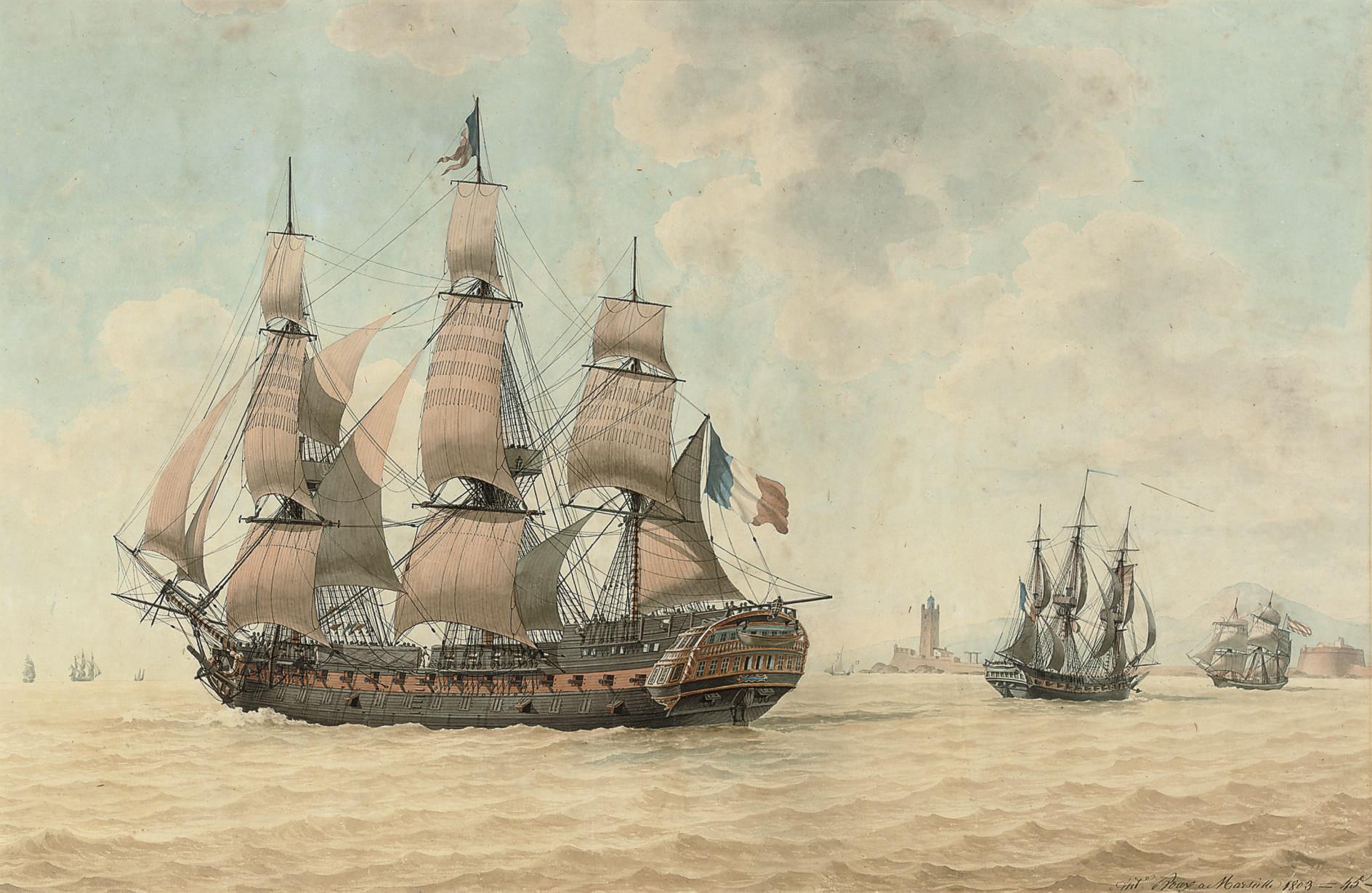 Ange-Joseph-Antoine Roux - The French \'74\' Mont Blanc and other vessels off Marseilles