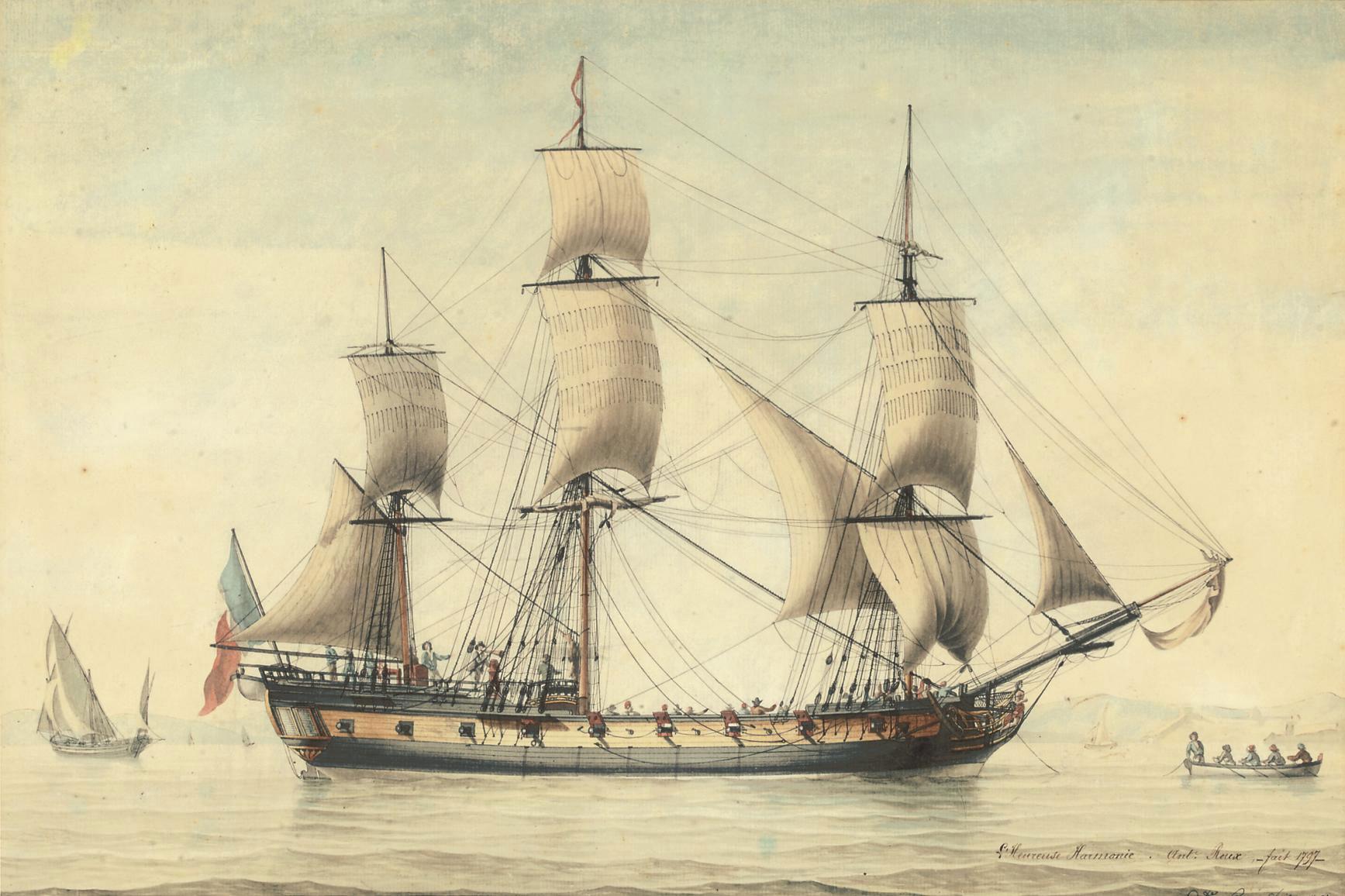 Ange-Joseph-Antoine Roux - The French frigate L\'Heureuse Harmonie with a tender laying out her anchor off Marseilles