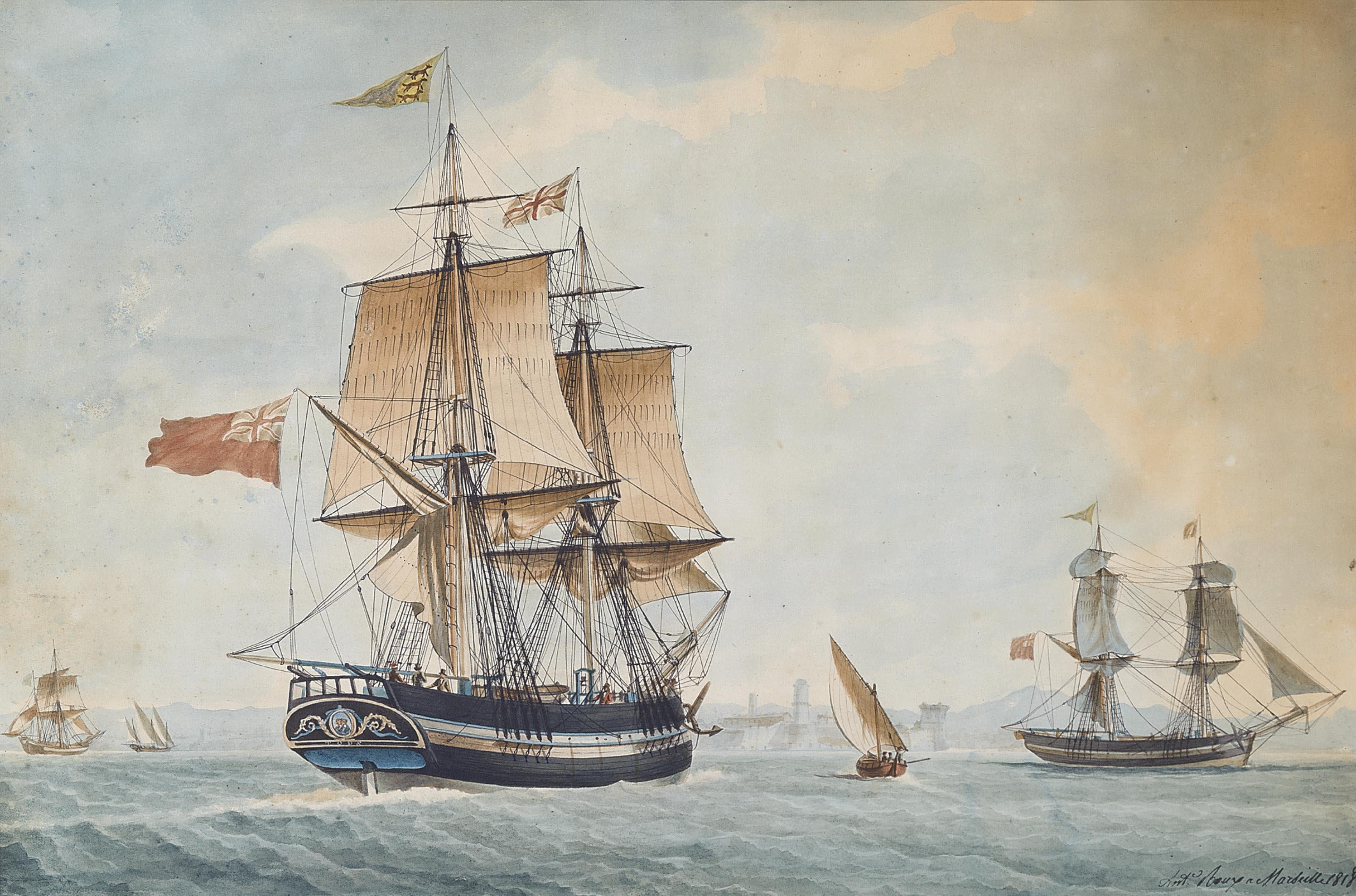 Ange-Joseph-Antoine Roux - The snow Tods of Perth, in two positions, off the entrance to Marseilles harbour