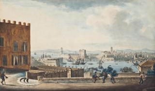 Ange-Joseph-Antoine Roux - Vué de l\'Entree du Port de Marseille, prise Place de l\'Abbaye, Saint Victor
