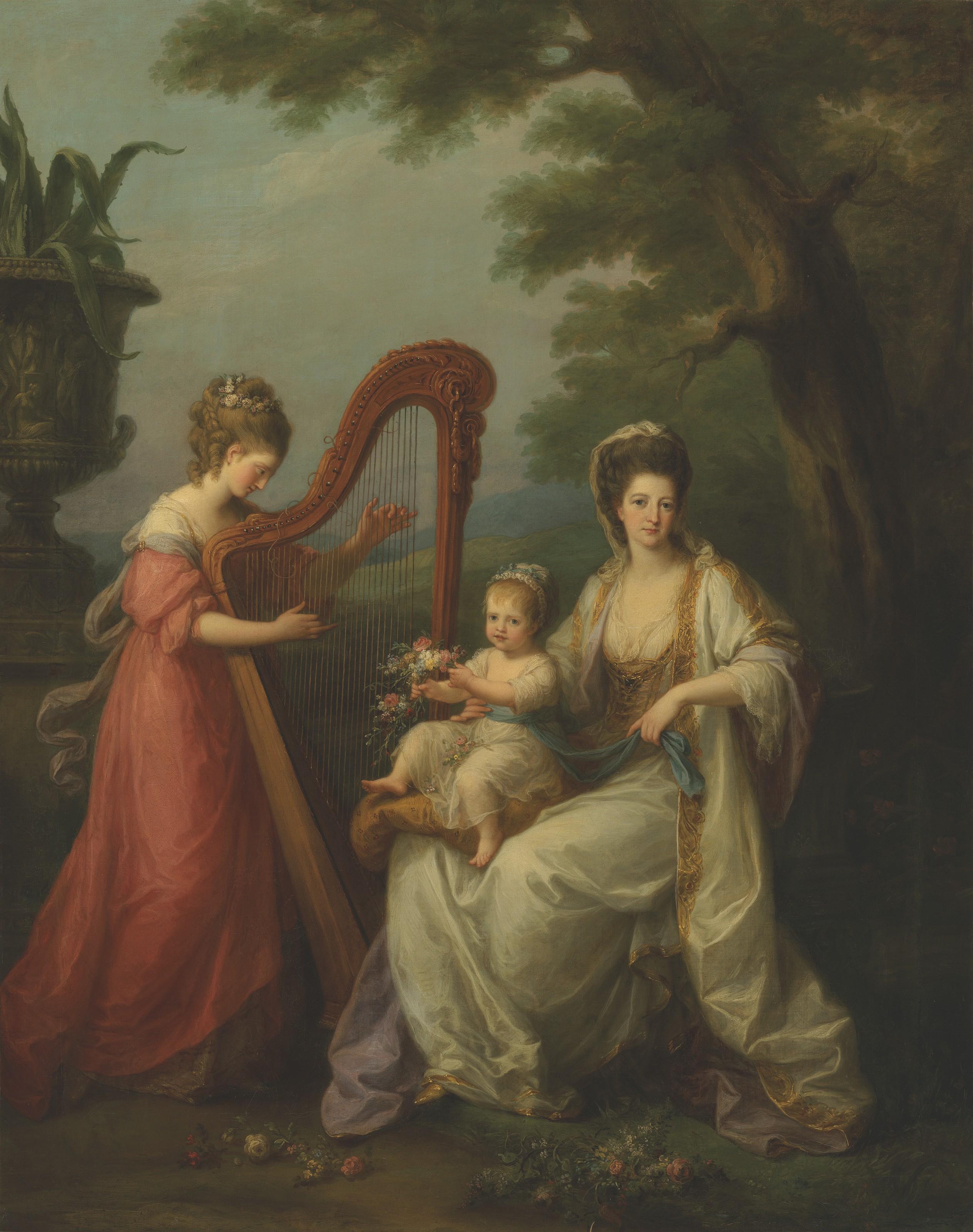 Angelica Kauffman, R.A. - Group portrait of Lady Elizabeth Smith-Stanley, Countess of Derby (1753-1797), with her infant son Edward, later 13th Earl of Derby (1775-1851), and her half-sister, Lady Augusta Campbell (1760-1831) playing the harp