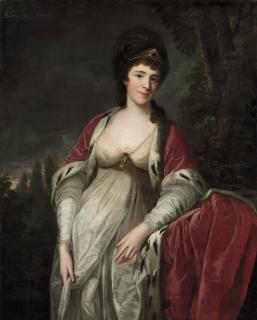 Angelica Kauffman, R.A. - Portrait of Henrietta Sebright, Lady Harewood, three-quarter-length, in peeress\'s robes, in a wooded landscape