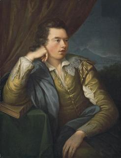 Angelica Kauffman, R.A. - Portrait of John Campbell, 4th Earl and 1st Marquess of Breadalbane (1762-1834), three-quarter-length, in a yellow jacket with lace collar and cuffs, his right arm resting on a book, a mountainous landscape beyond