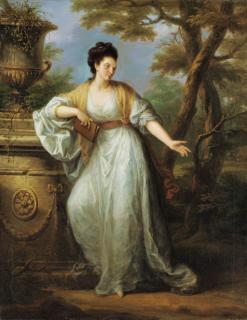 Angelica Kauffman, R.A. - Portrait Of Mrs. Mary Pocklington Of Winthorpe Hall, Nottinghamshire, Full-Length, In A White Dress With A Red Sash, Holding A Book In Her Left Hand, Leaning Upon A Plinth Bearing A Classical Urn, In A Wooded Landscape