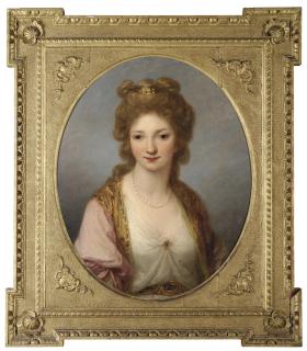 Angelica Kauffman - Portrait of Selina FitzHerbert (d. 1772), half-length, in a white chemise and pink and gold embroidered mantle