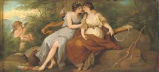 Angelica Kauffmann, R.A. - Jupiter Disguised As Diana With Callisto, Seated On A Rock In A Wooded Landscape With Cupid Beyond