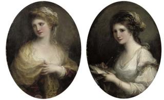 Angelica Kauffmann, R.A. - Portrait of a lady, possibly an allegory of Poetry, small half-length, in a white dress, holding a pen and paper; and Portrait of a lady, small half-length, in a yellow shawl
