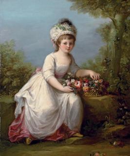 Angelica Kauffmann, R.A. - Portrait of a young girl, full-length, seated in a white dress with a basket of flowers, in a landscape