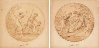 Angelica Kauffmann - Mirtillo leaving for the hunt followed by Amarilli; and Mirtillo and Ergasto returning from the hunt finding Amarilli transfixed by an arrow: for Giovanni Battista Guarini\'s Il Pastor Fido
