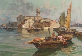 Angelo Brombo - Fishermen on the lagoon, Venice