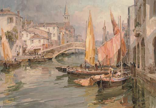 Angelo Brombo - Fishing vessels on a Venetian backwater