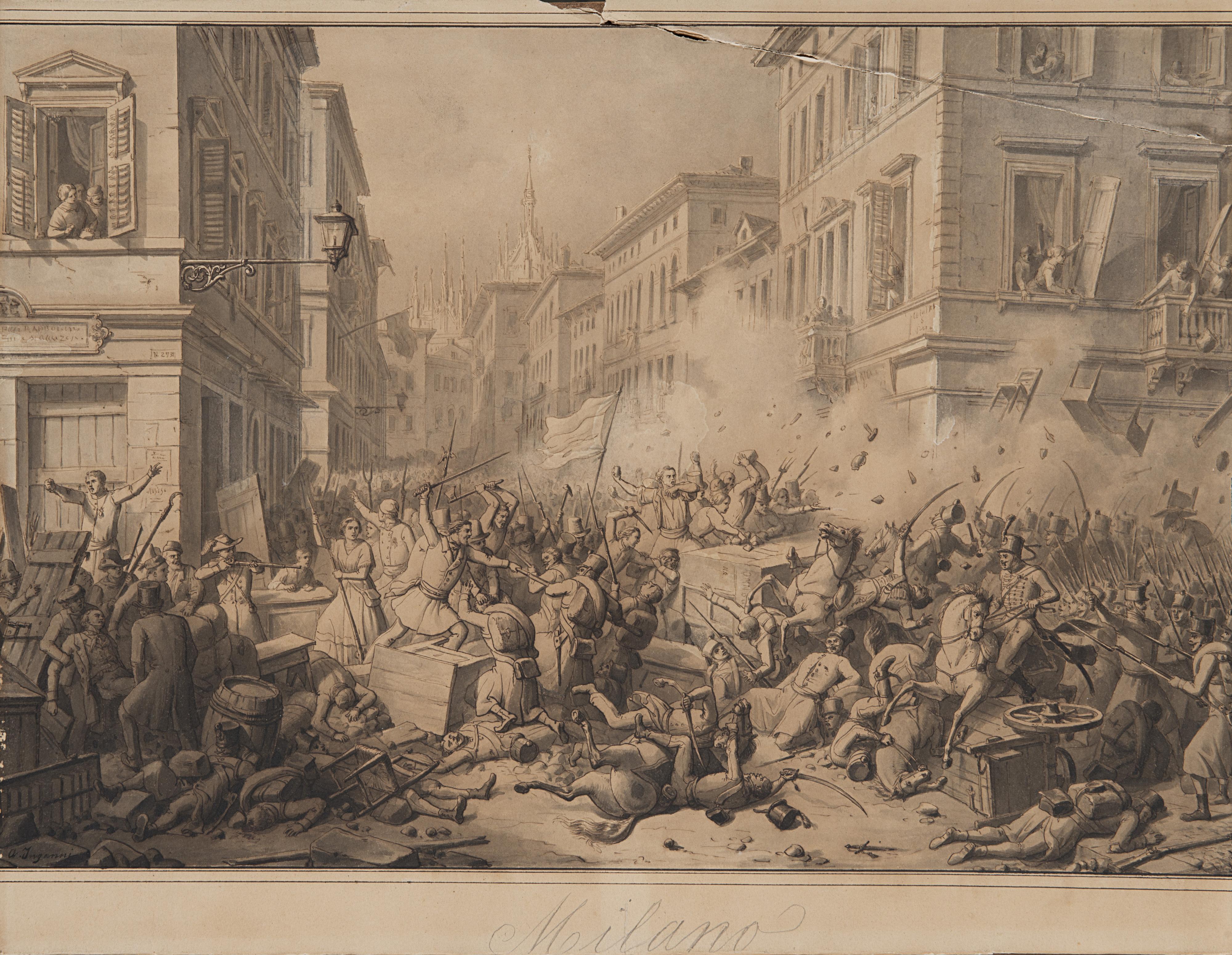 Angelo Inganni - Barricate sull\'angolo dei tre Re - Cinque Giornate di Milano