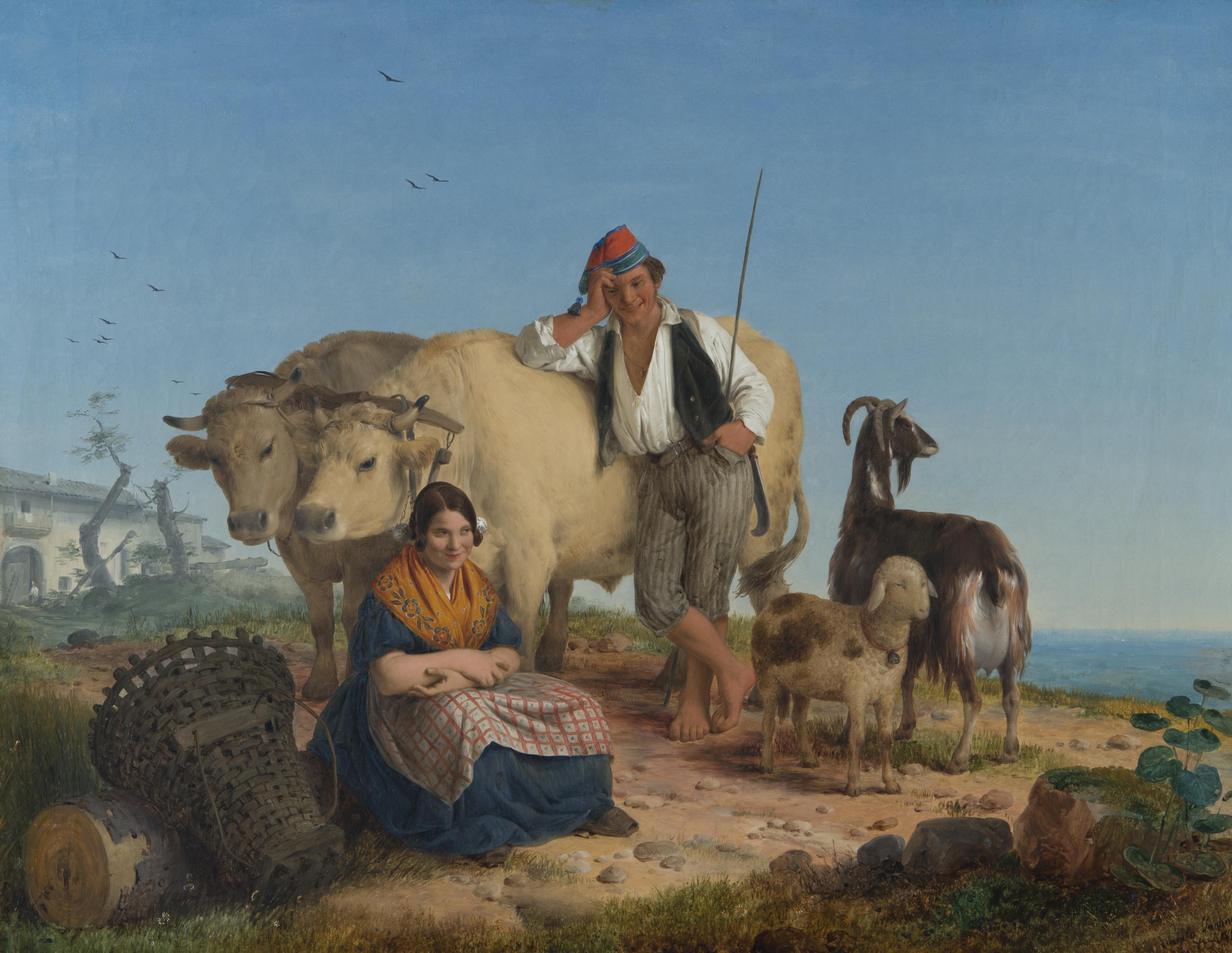 Angelo Inganni - Una coppia di contadini lombardi con i propri animali