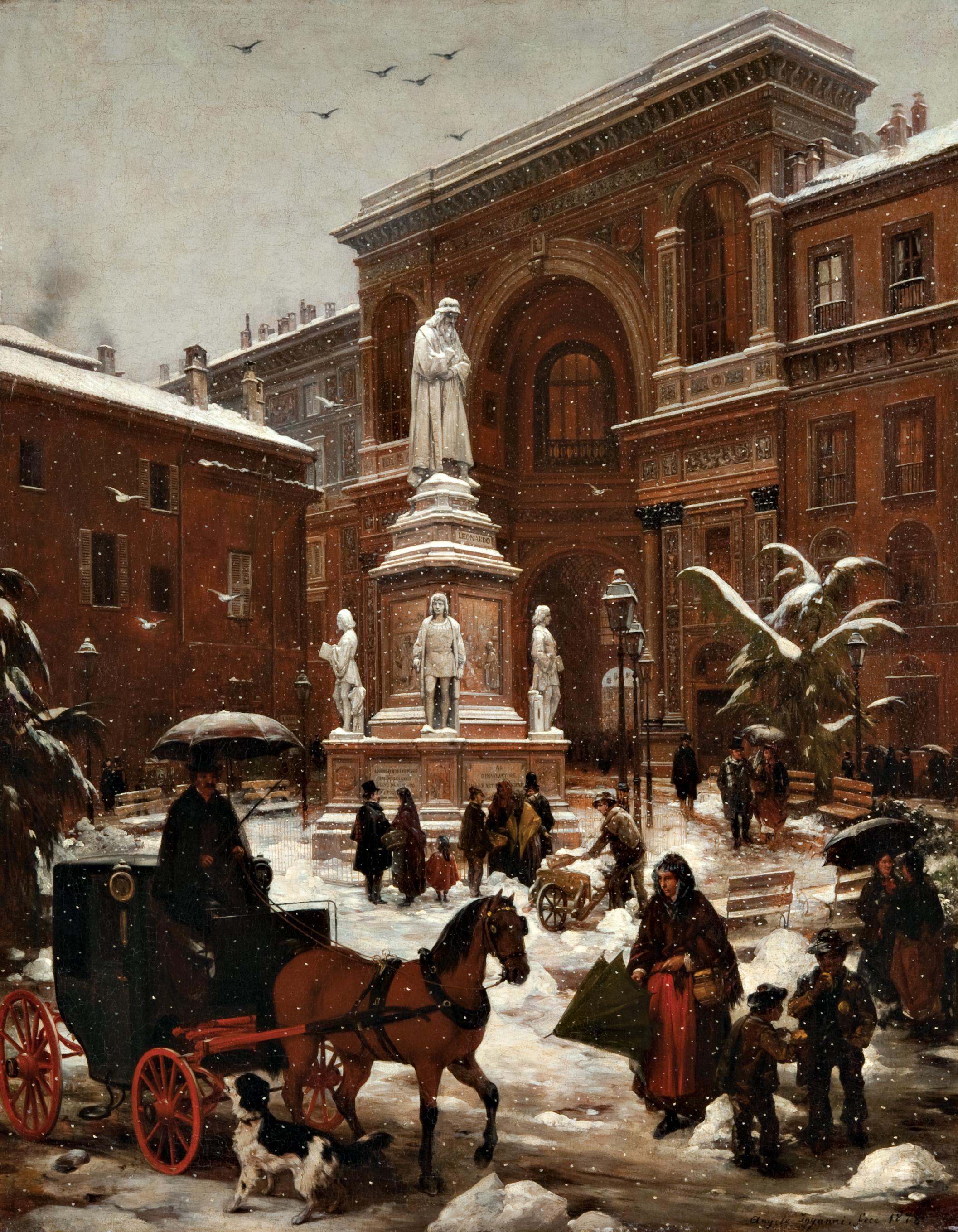 Angelo Inganni - Veduta di Piazza della Scala con effetto di neve cadente