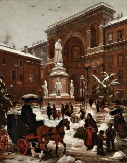 Angelo Inganni - Veduta di Piazza della Scala con effetto di neve cadente