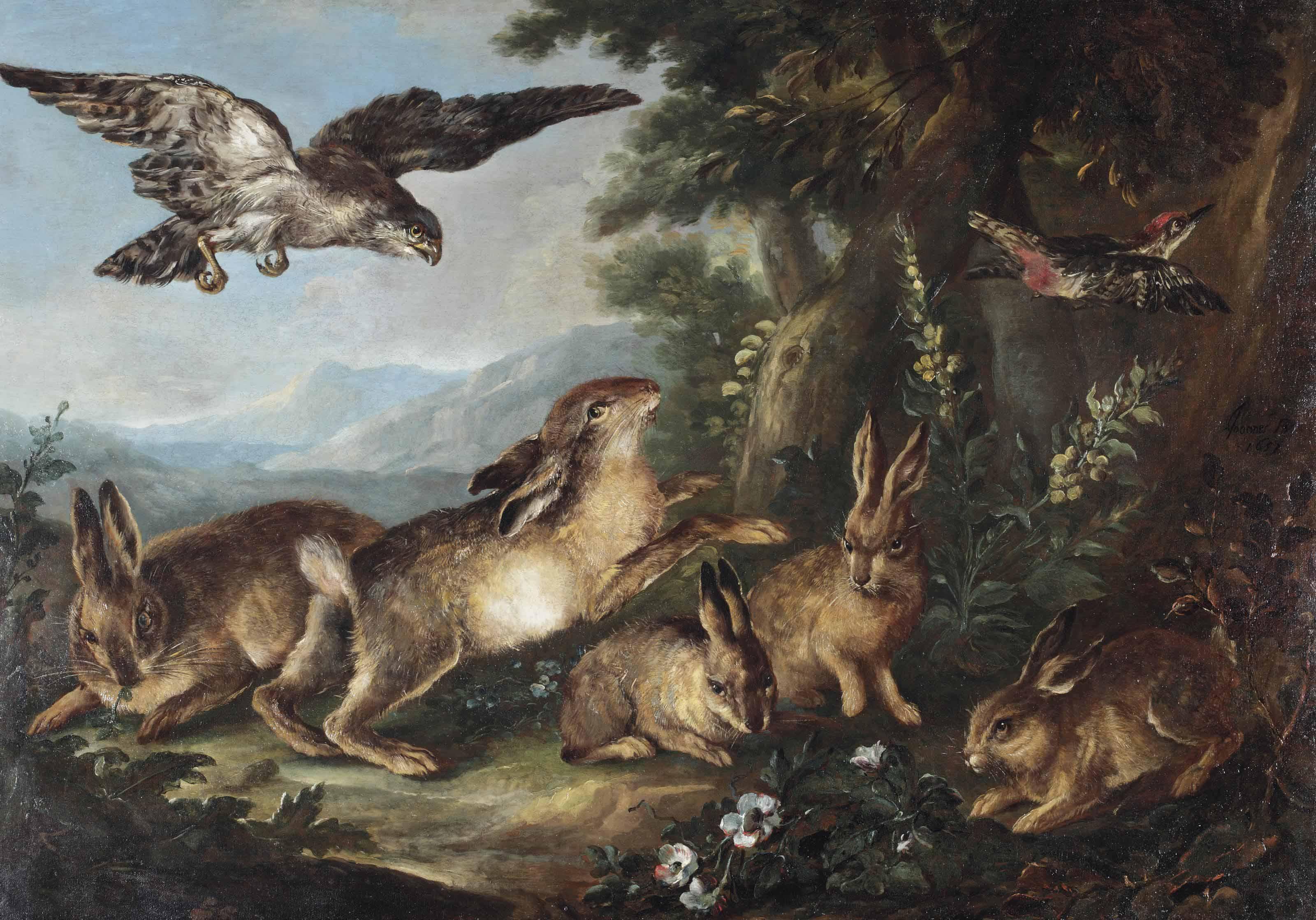 Angelo Maria Crivelli - A Wooded Landscape With Hares And A Woodpecker Surprised By A Falcon