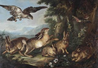 Angelo Maria Crivelli - A Wooded Landscape With Hares And A Woodpecker Surprised By A Falcon