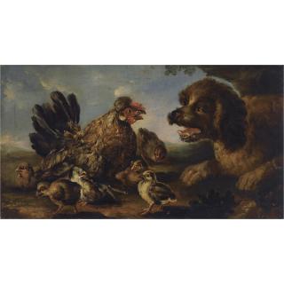 Angelo Maria Crivelli - A Young Dog Barking At A Hen With Her Chicks