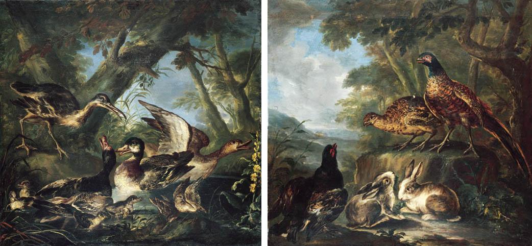 Angelo Maria Crivelli - Ducks and a curlew in a pond in a wooded landscape; and Rabbits and pheasants in a wooded landscape