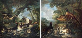 Angelo Maria Crivelli - Ducks and a curlew in a pond in a wooded landscape; and Rabbits and pheasants in a wooded landscape