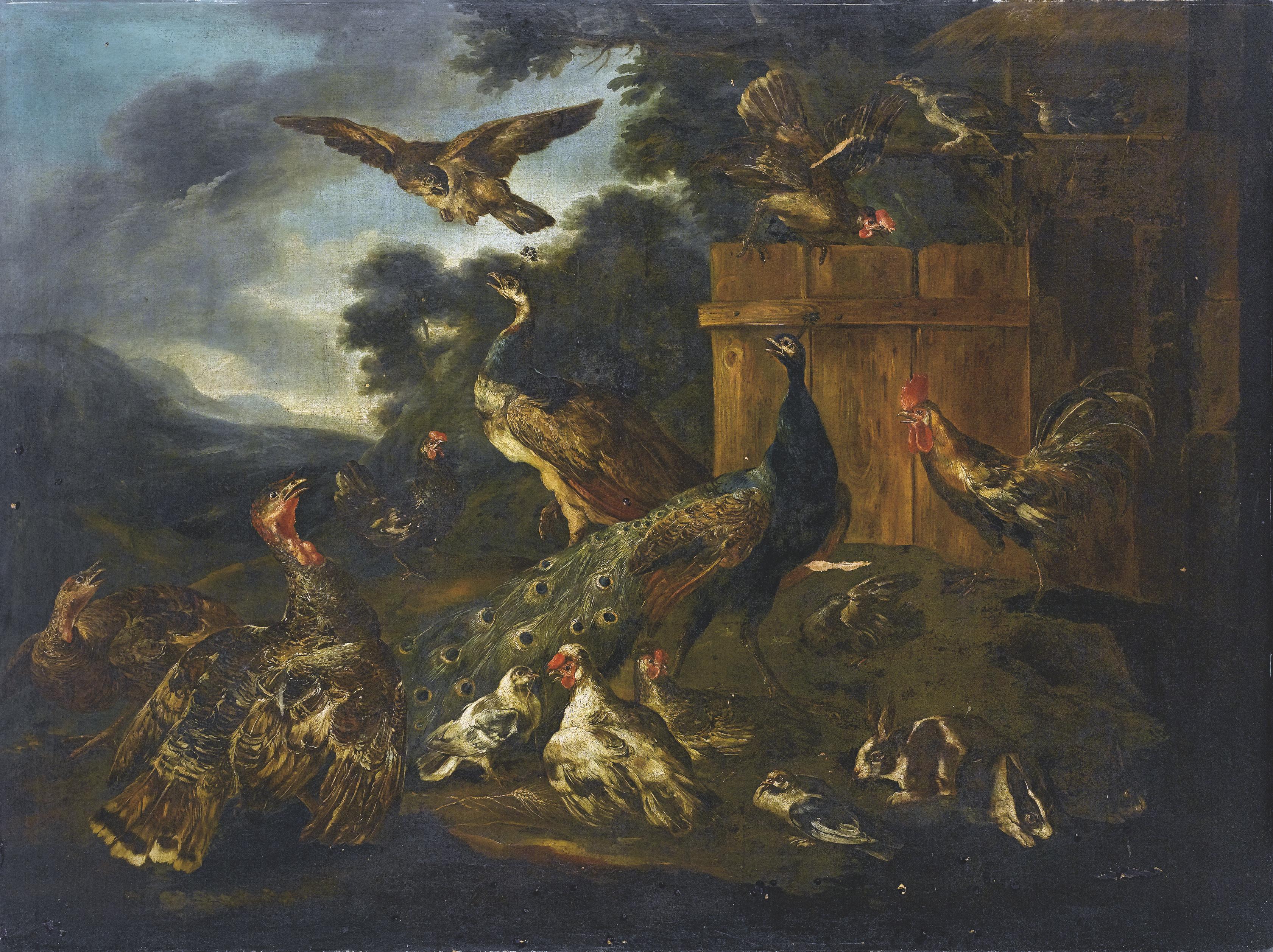 Angelo Maria Crivelli - Rapaci e animali da cortile su sfondo di paesaggio