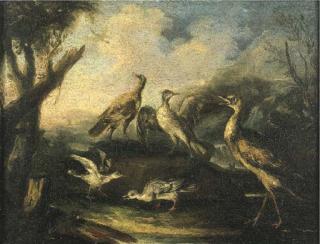 Angelo Maria Crivelli - Starne e altri volatili in un paesaggio fluviale