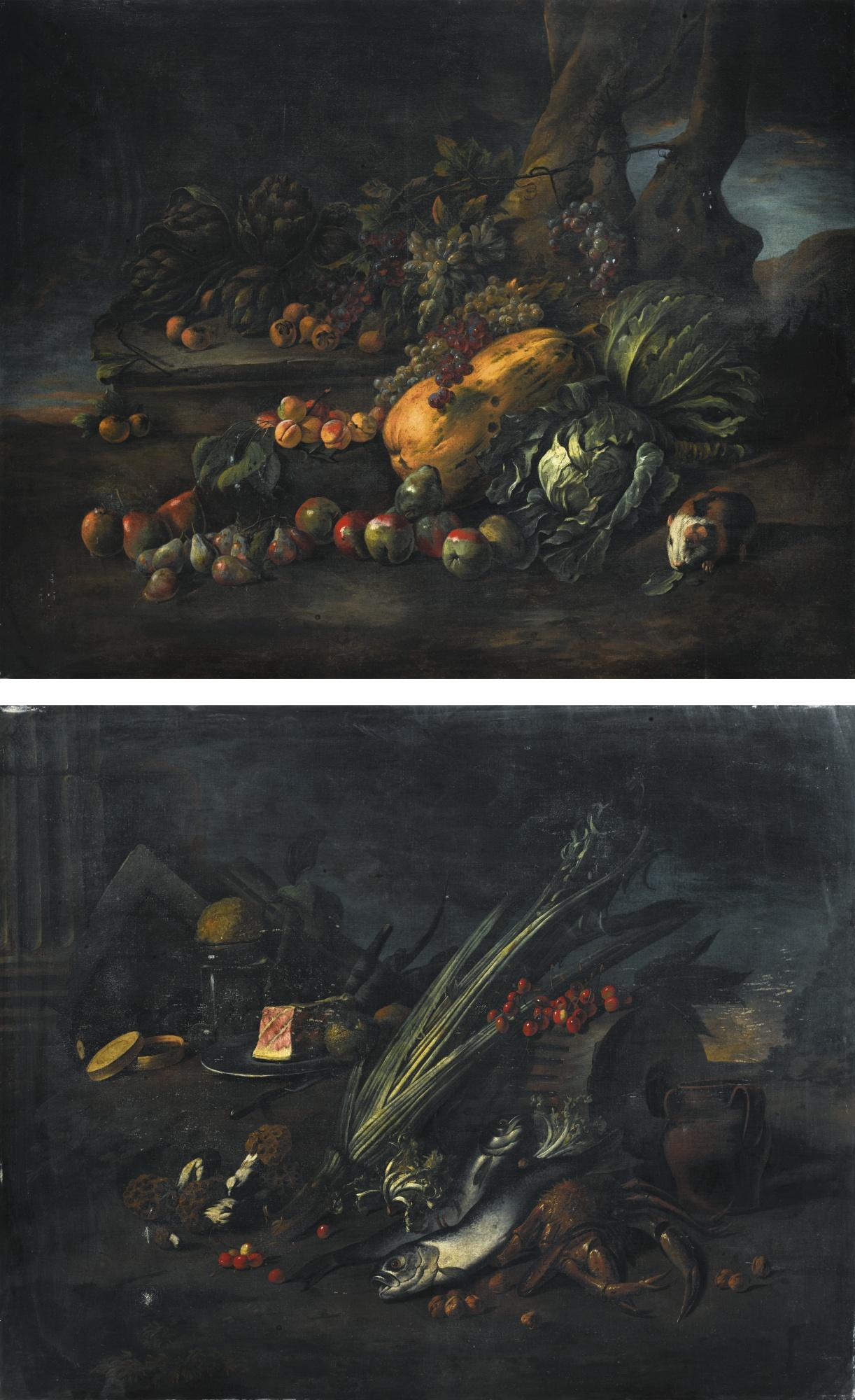Angelo Maria Rossi - Still Life Of Vegetables On A Forest Floor; Still Life With Fish And Mushrooms