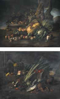 Angelo Maria Rossi - Still Life Of Vegetables On A Forest Floor; Still Life With Fish And Mushrooms