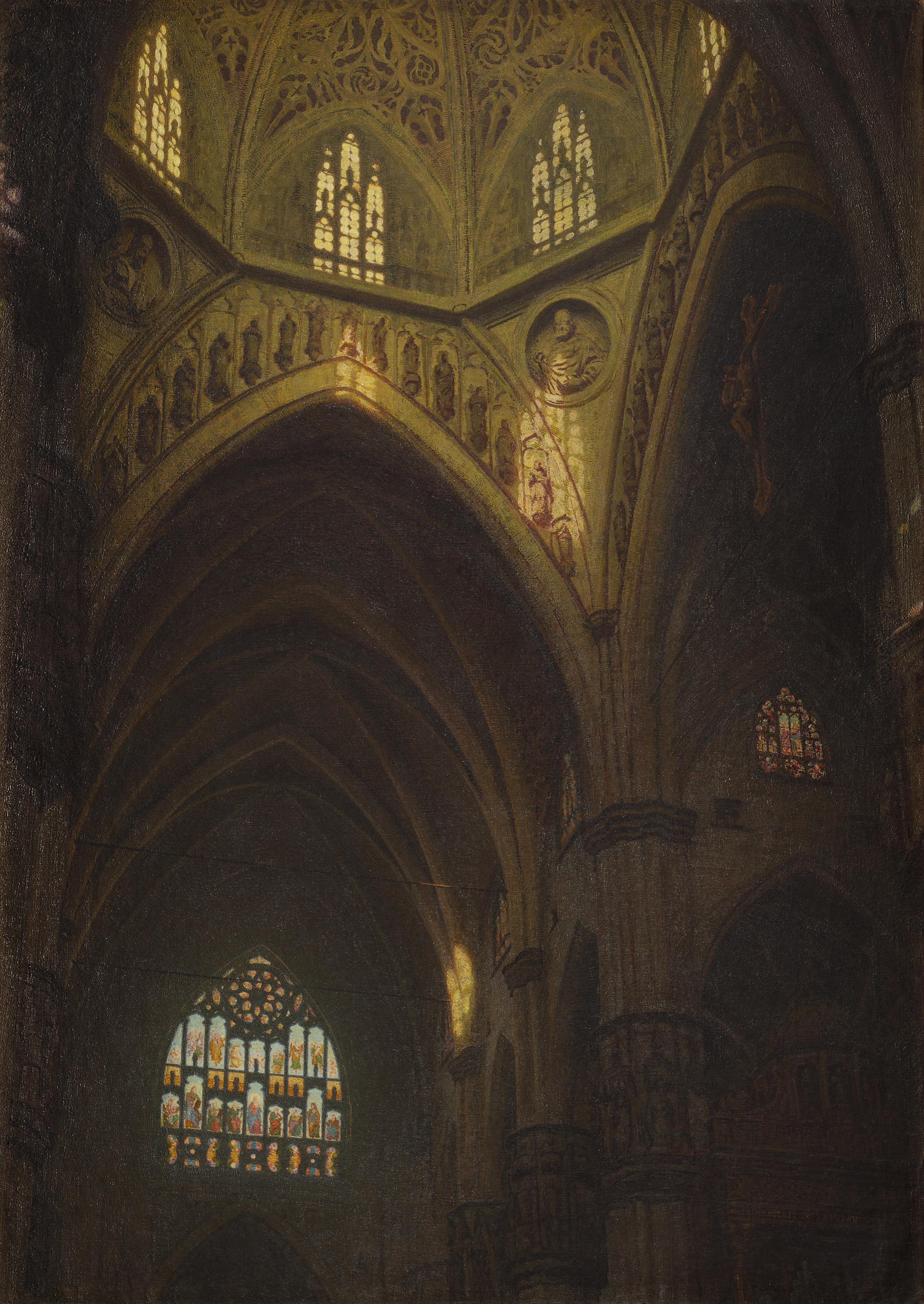 Angelo Morbelli - Tiburio del Duomo di Milano 1897, olio su tela cm 130x93. Firmato, datato e locato Milano in basso a destra. Al retro: cartiglio. In cornice