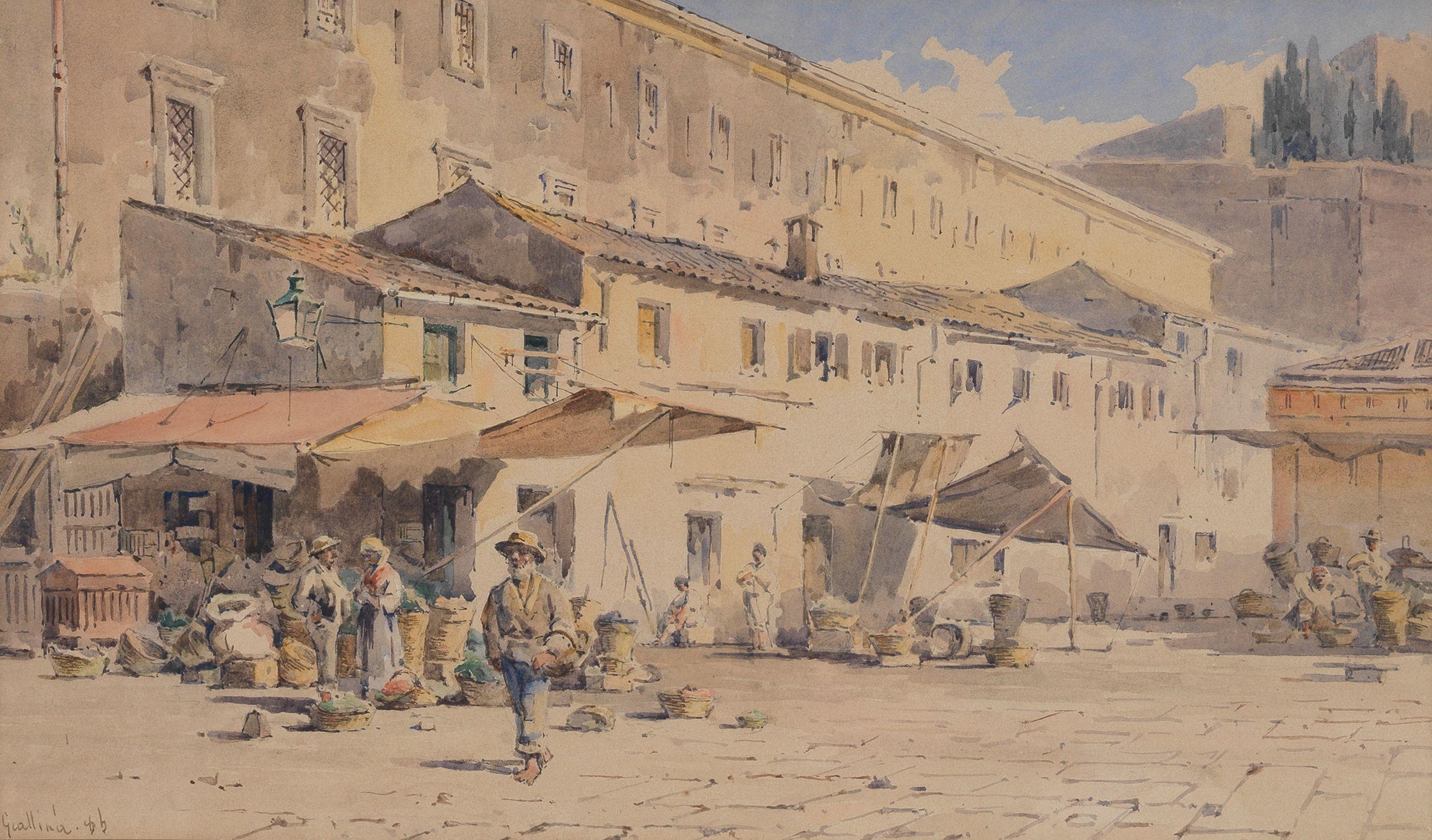Angelos Giallina - Corfu Town, the old market before the barracks and below the new fortress on main harbour In an 18th century carved wood Maratta frame.