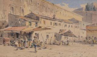 Angelos Giallina - Corfu Town, the old market before the barracks and below the new fortress on main harbour In an 18th century carved wood Maratta frame.
