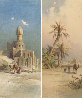 Angelos Giallina - Mosques And Minarets In A Desert Town; And An Arab And Camel Before A Mosque (Both Illustrated)
