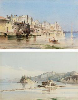 Angelos Giallina - The Island of Pontikonissi (Mouse island) and the Monastery of Vlacherna, Corfu; and Corfu town from the sea