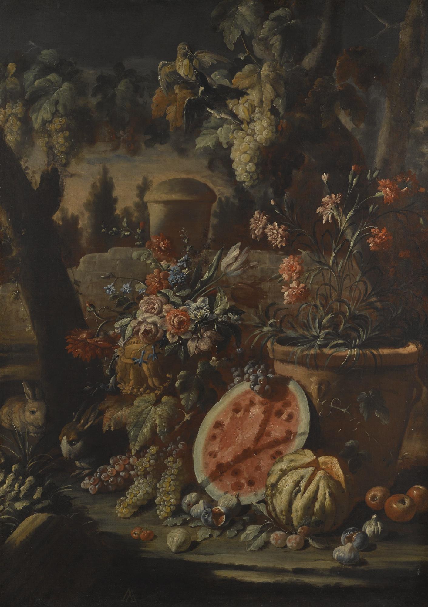 Aniello Ascione - Carnations In A Terracotta Pot, With Grapes, Watermelon And Other Fruit In A Landscape