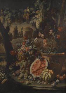 Aniello Ascione - Carnations In A Terracotta Pot, With Grapes, Watermelon And Other Fruit In A Landscape