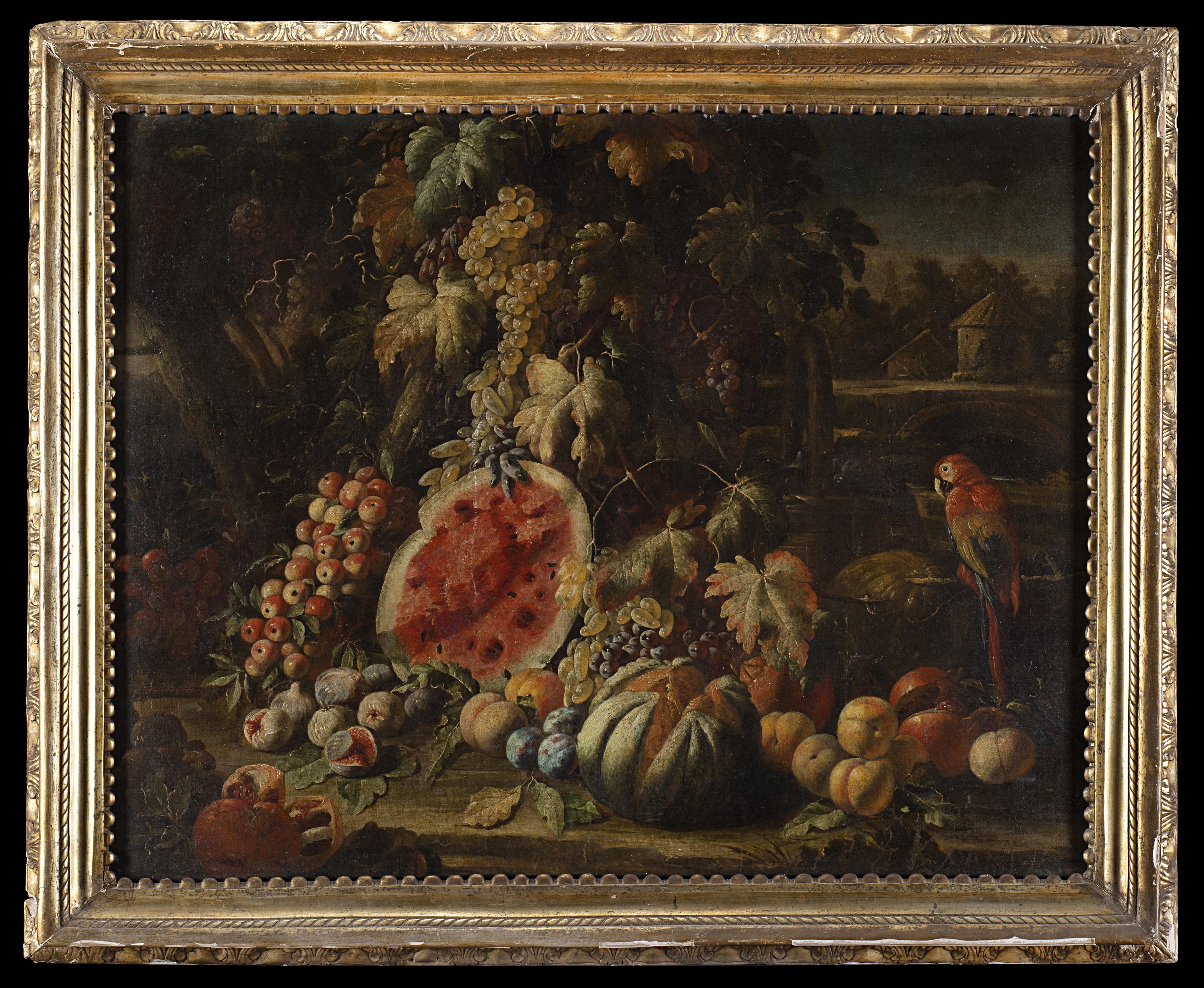 Aniello Ascione - Natura viva con mele, anguria, uva, fichi, pesche, susine, melone, melagrani e pappagallo