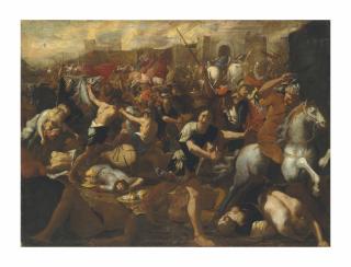 Aniello Falcone - The Battle between the Israelites and the Amalekites overlooked by Moses, his arms held aloft by Aaron and Hur
