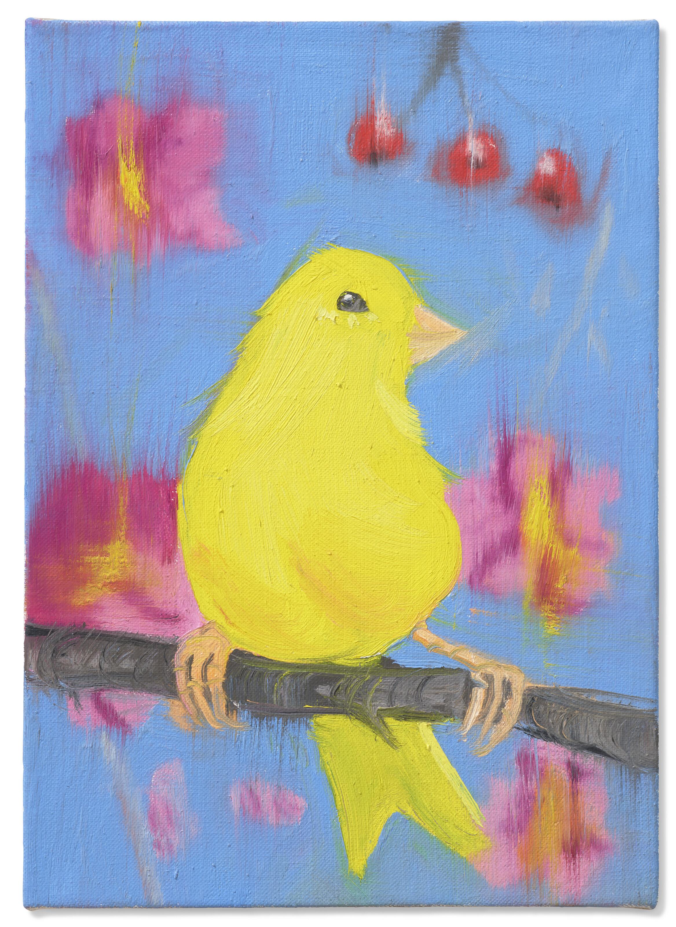 Ann Craven - Yello Fello (on Blue with Hollyhocks and Cherries, Again)