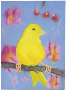 Ann Craven - Yello Fello (on Blue with Hollyhocks and Cherries, Again)