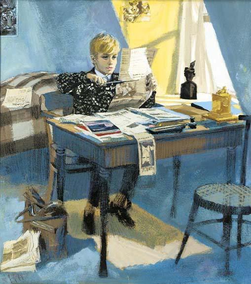 Anna Airy - Young Boy with Newspaper Clippings