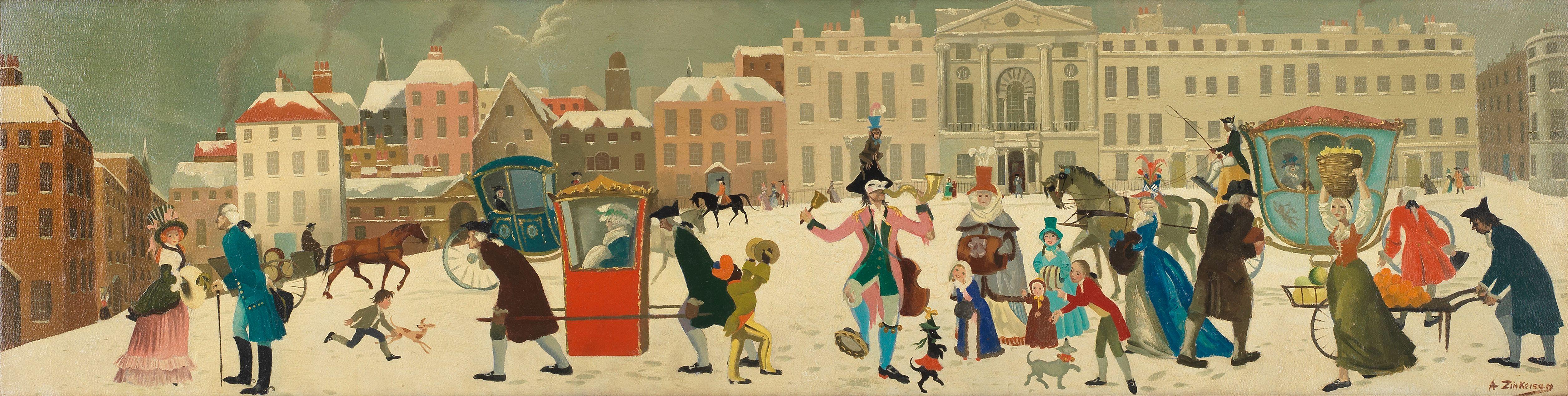 Anna Katrina Zinkeisen - A Georgian Street at Christmas