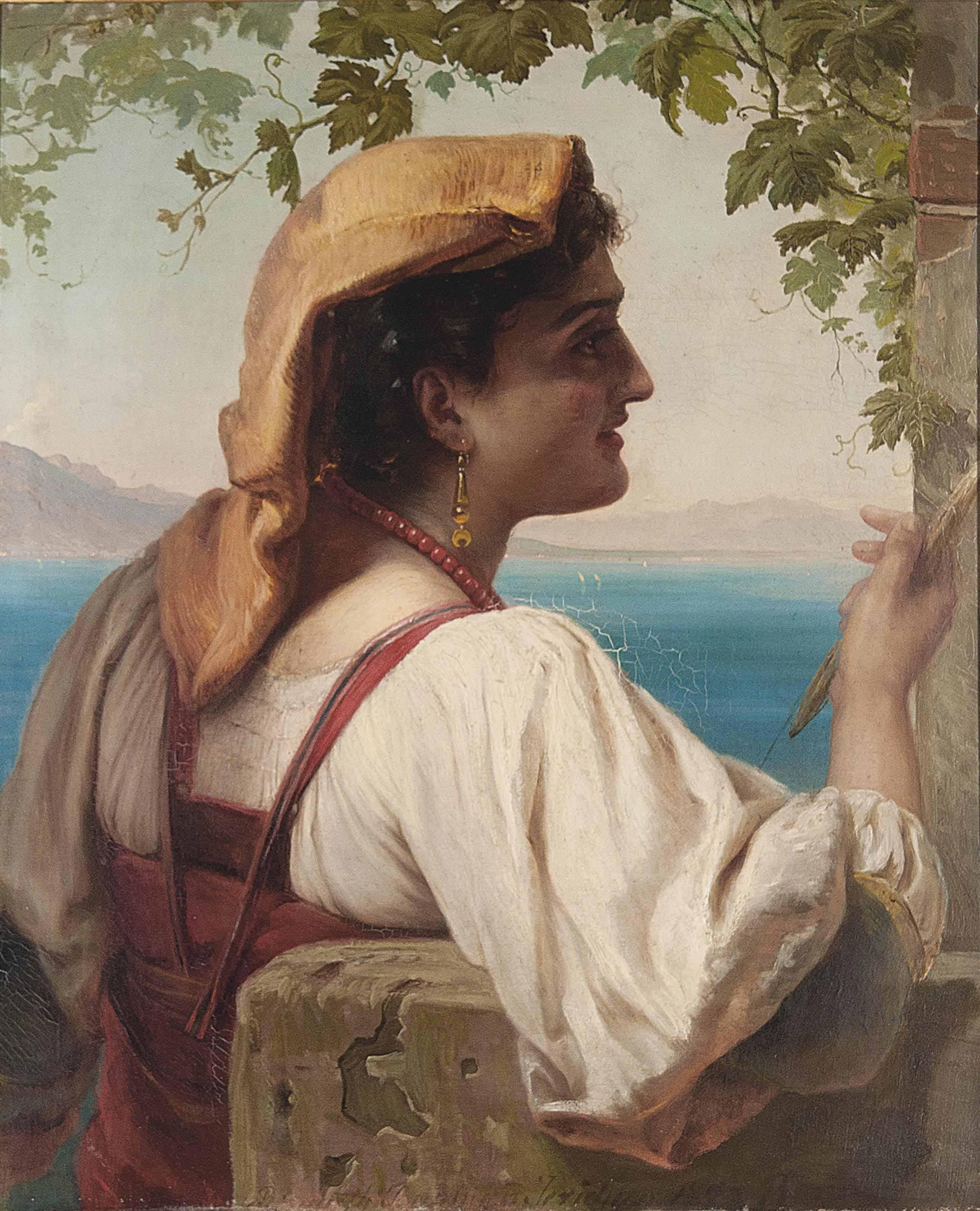 Anna Marie Elizabeth Jerichau-Baumann - An Italian maiden mending nets on the Bay of Naples
