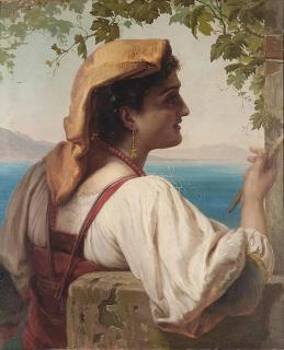 Anna Marie Elizabeth Jerichau-Baumann - An Italian maiden mending nets on the Bay of Naples
