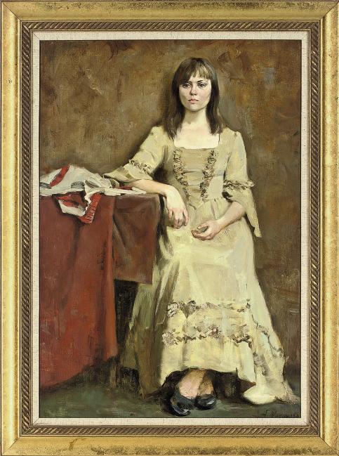 Anna Marinova - Portrait of a girl, full-length, seated in a beige dress beside a table