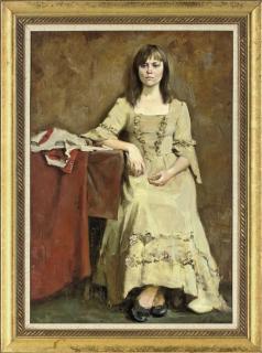 Anna Marinova - Portrait of a girl, full-length, seated in a beige dress beside a table