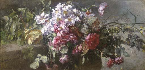 Anna Peters - A bouquet of pink and red roses on a ledge