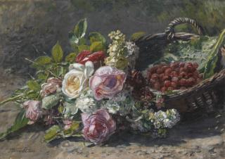Anna Peters - Blumenstillleben mit Rosen und einem Weidenkorb mit Himbeeren