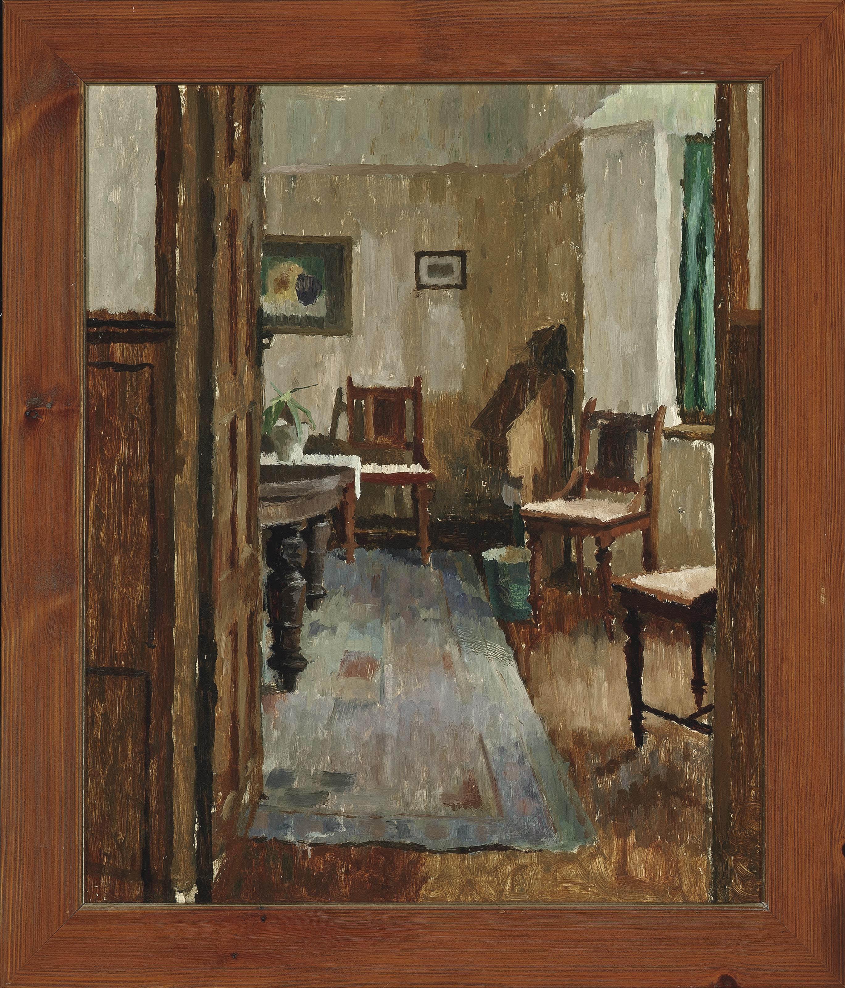 Anne de Quetteville Robin - Domestic Interior; At the Breakfast Table; Portrait of a lady in a red dress